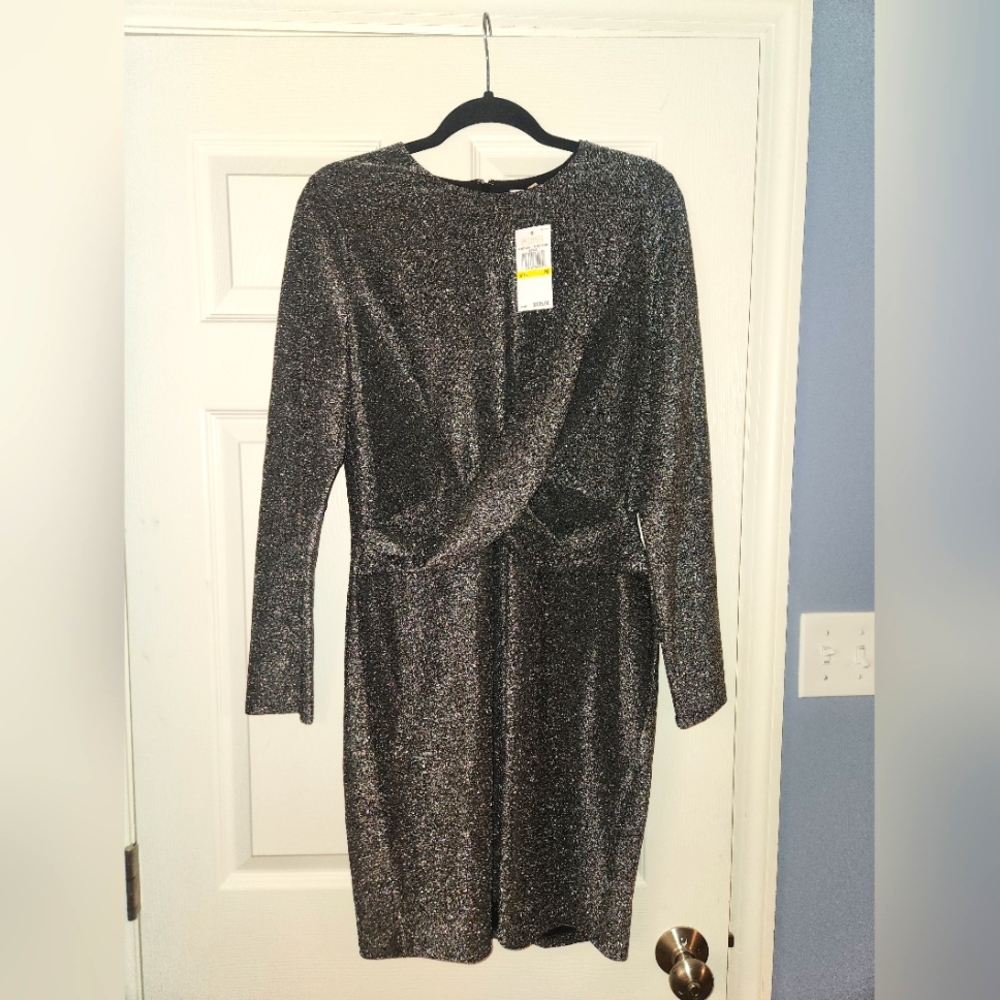 Michael Kors Black and Silver Ruched Wrap Dress